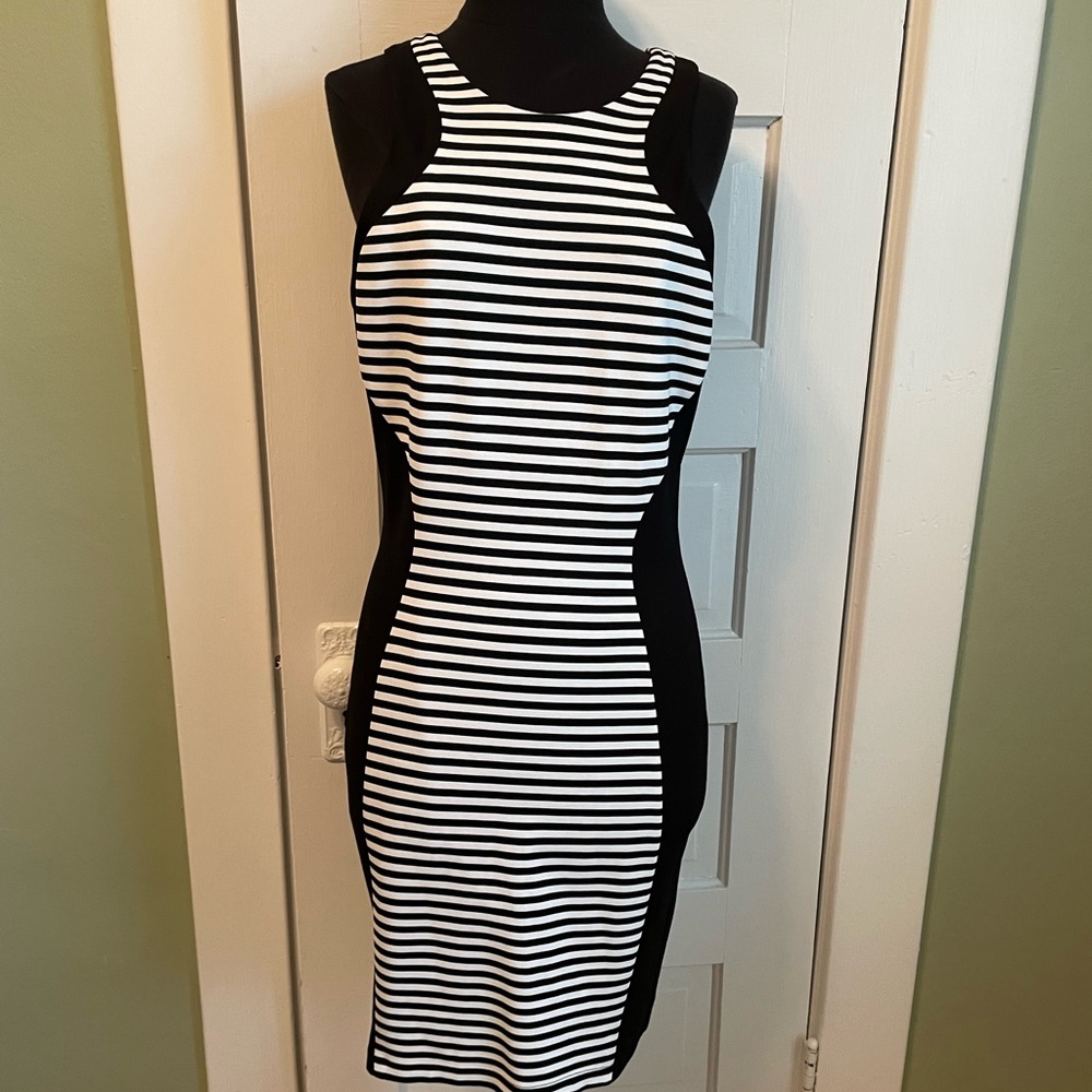 NWT Gorgeous Torn by Ronny Kobo Black & White Bodycon Racerback Dress Size L